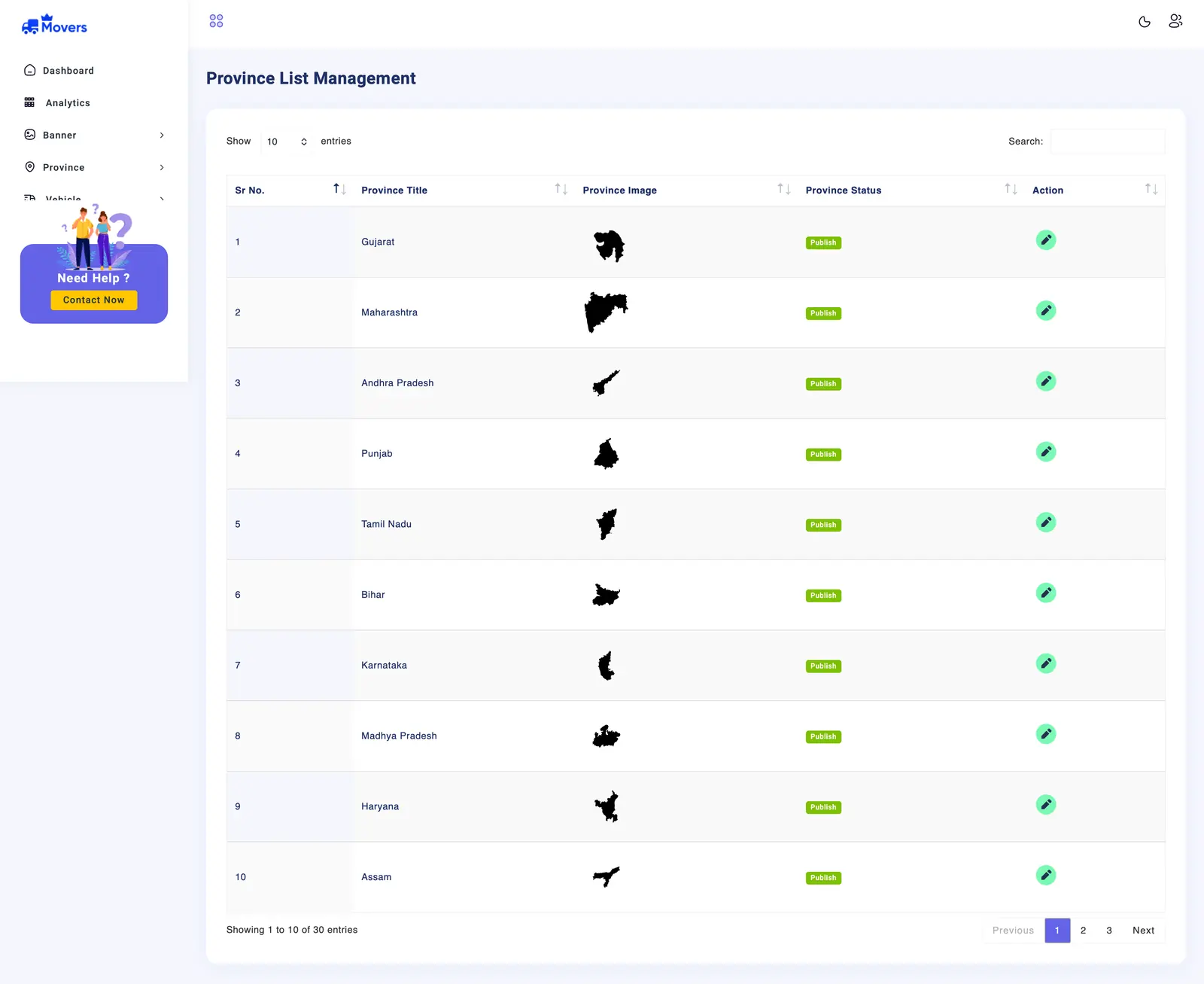 MoversPro province management interface