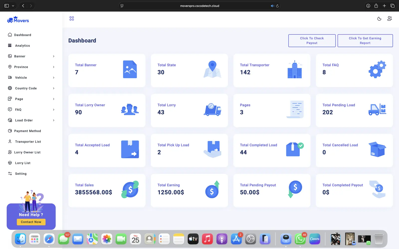 MoversPro administrative dashboard
