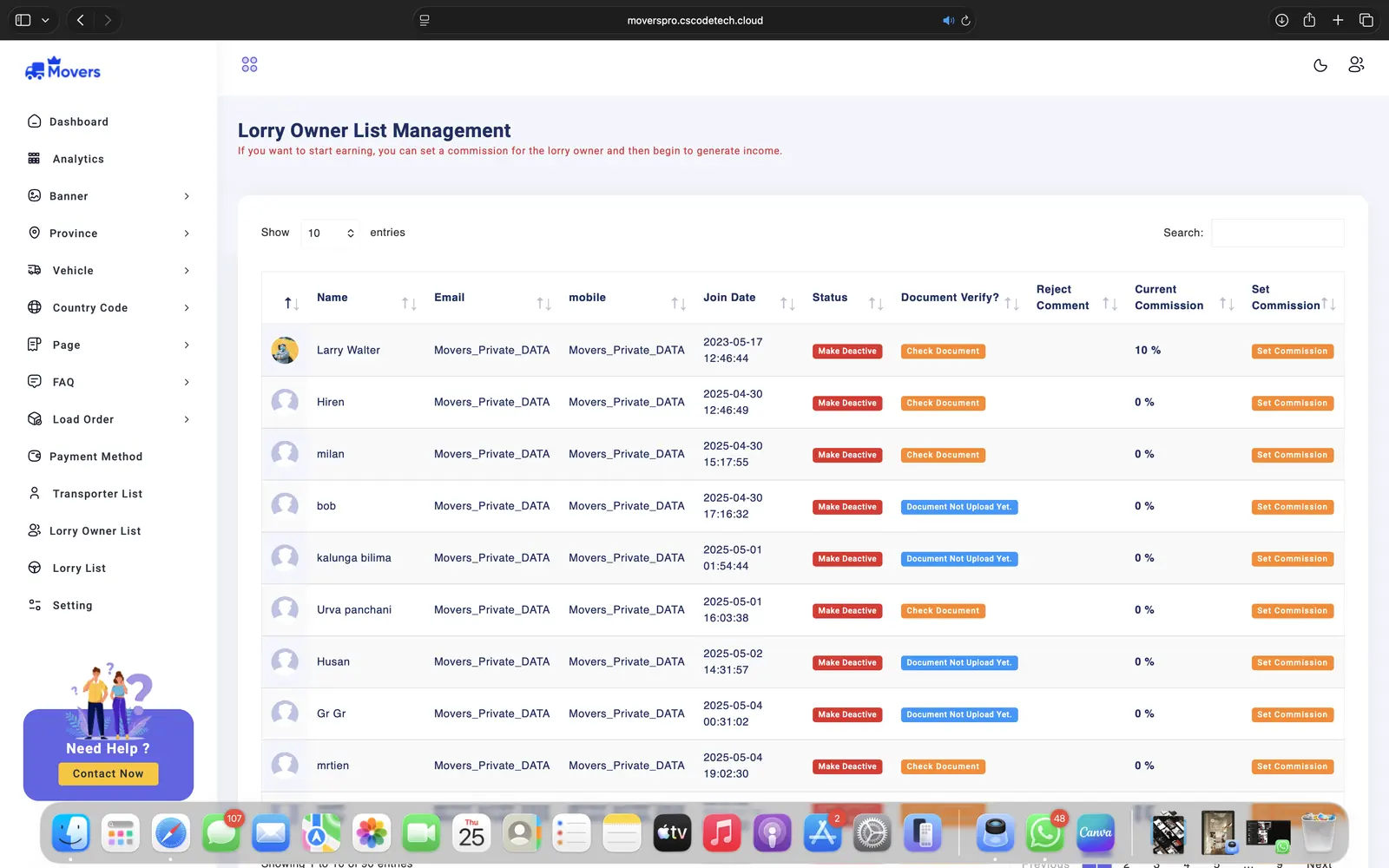 MoversPro lorry owner management interface
