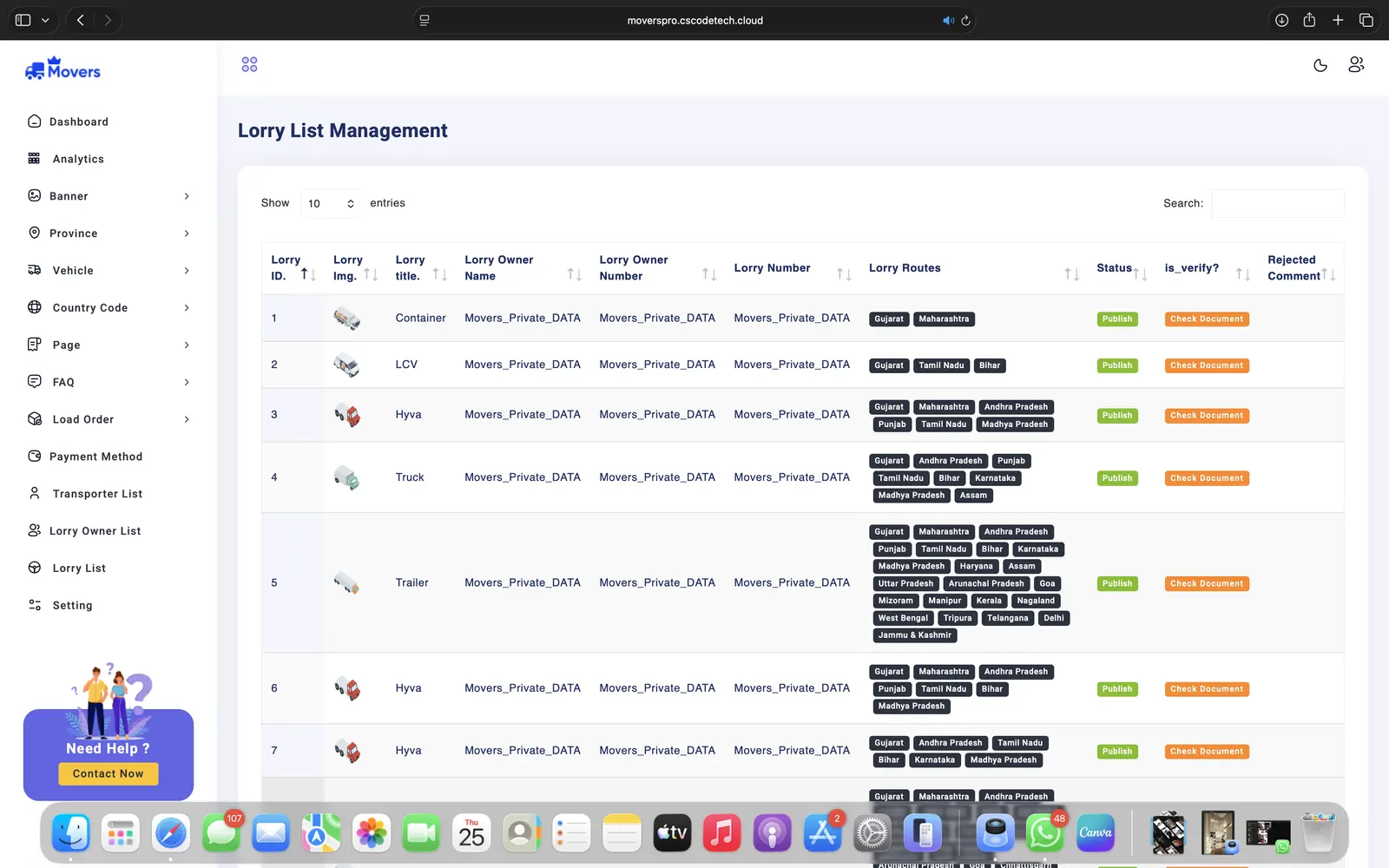MoversPro lorry management interface