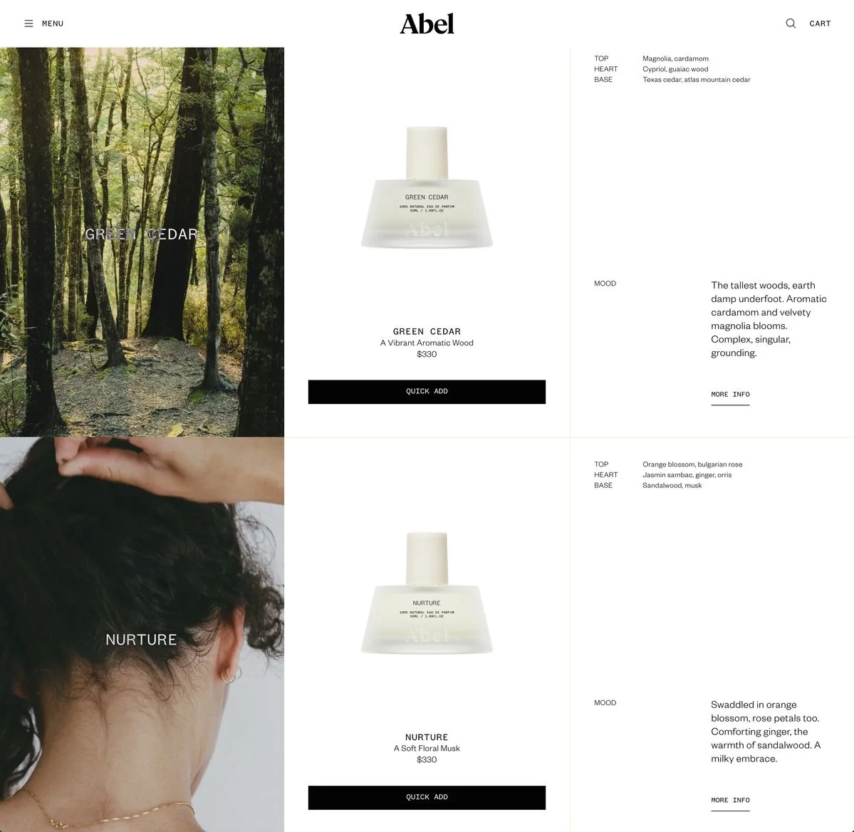 Minimal fragrance ecommerce page combining forest photography and product details.